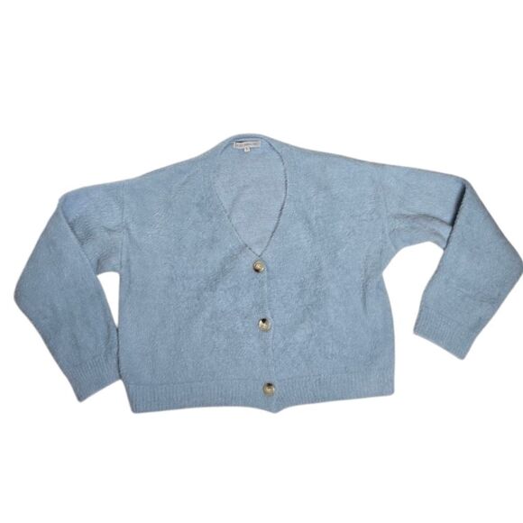 MISS‎ SPARKLING baby blue fuzzy cropped boxy retro button up cardigan sweater S - Picture 1 of 8
